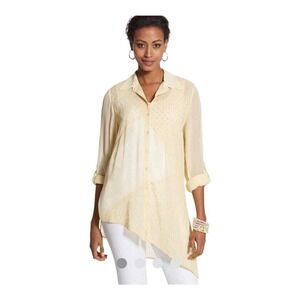 Chicos Designer Button Down‎ Shirt Long Sleeve Sheer Overlay SZ M 1 Asymmetrical